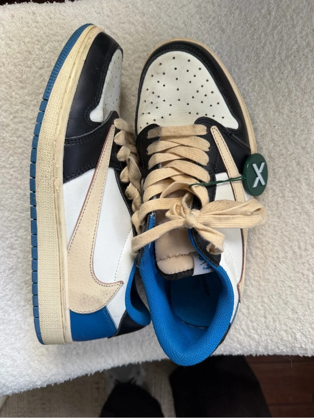 Jordan Low Retro Sneakers in White, Black, Blue & Cream